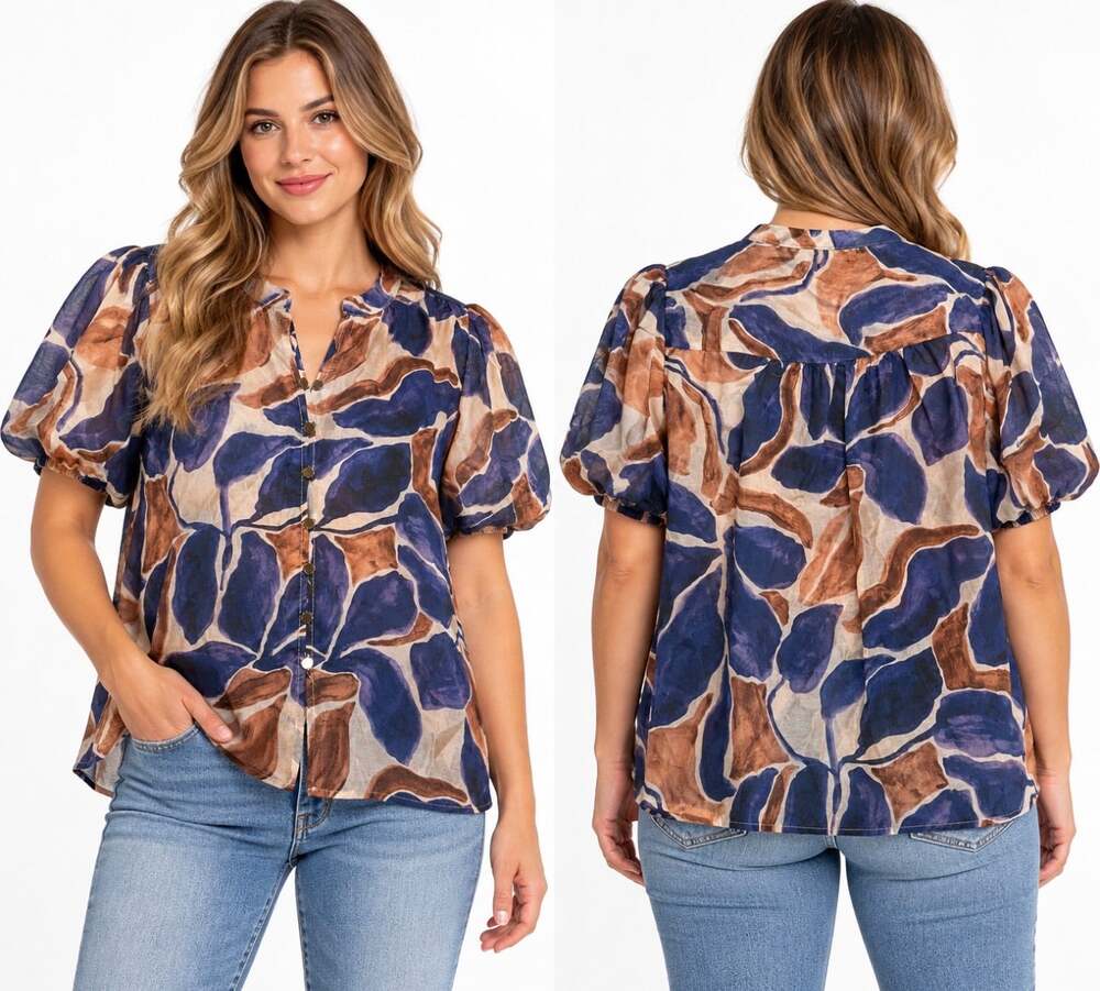 Lucky & Coco Women’s XL Abstract Floral Blouse Puff Sleeve Button Front Boho